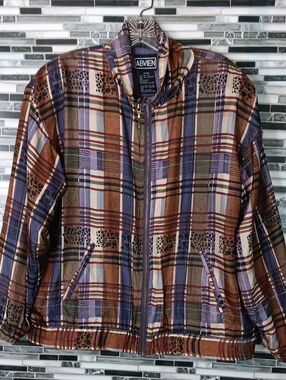 Vintage Silk Plaid & Cheetah Print Full Zip Shacket Abvien Small Layers Momcore